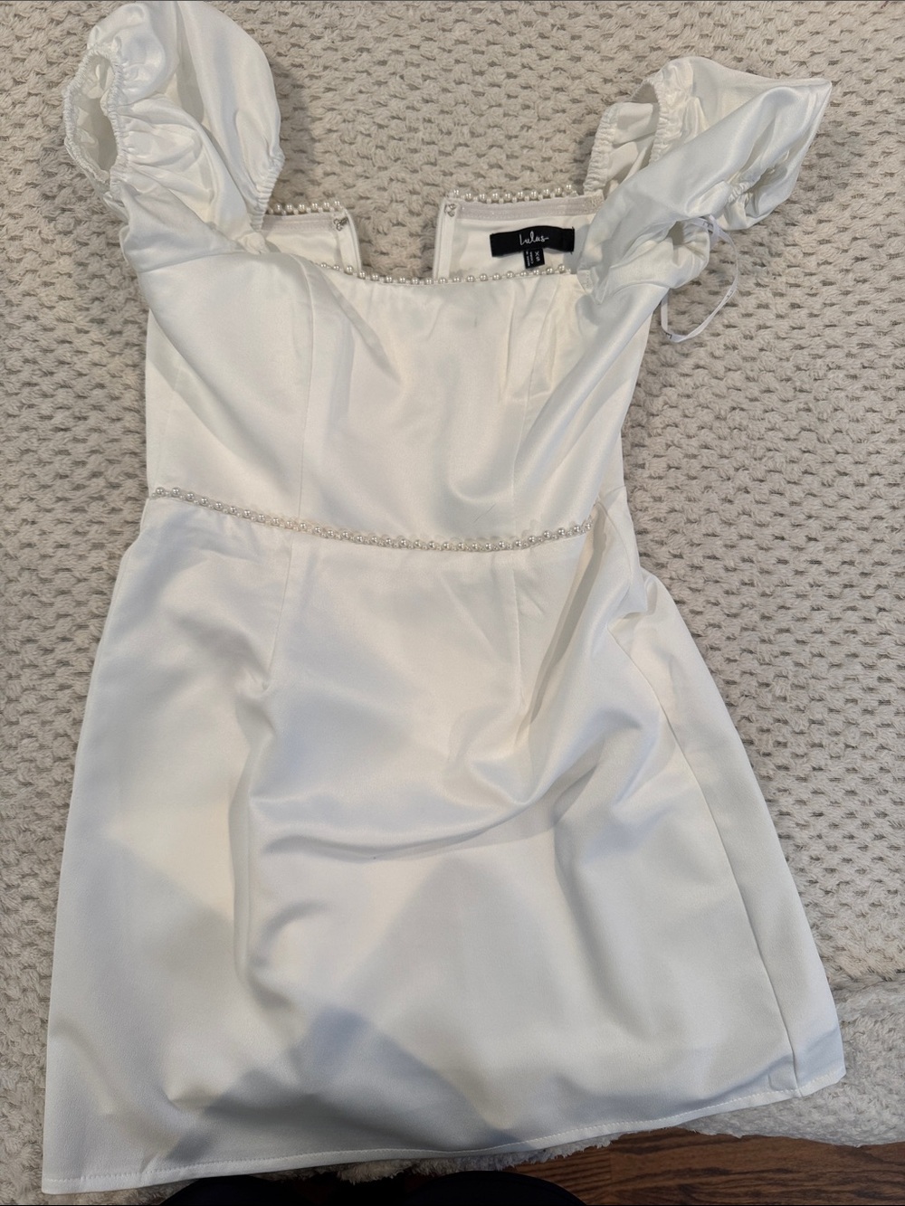 Lulu's White Satin Girls' Dress with Pearl Trim and Puff Sleeves